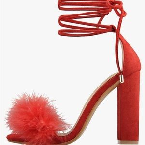 Richealnana Red Women's Fluffy Feather Heeled Sandals